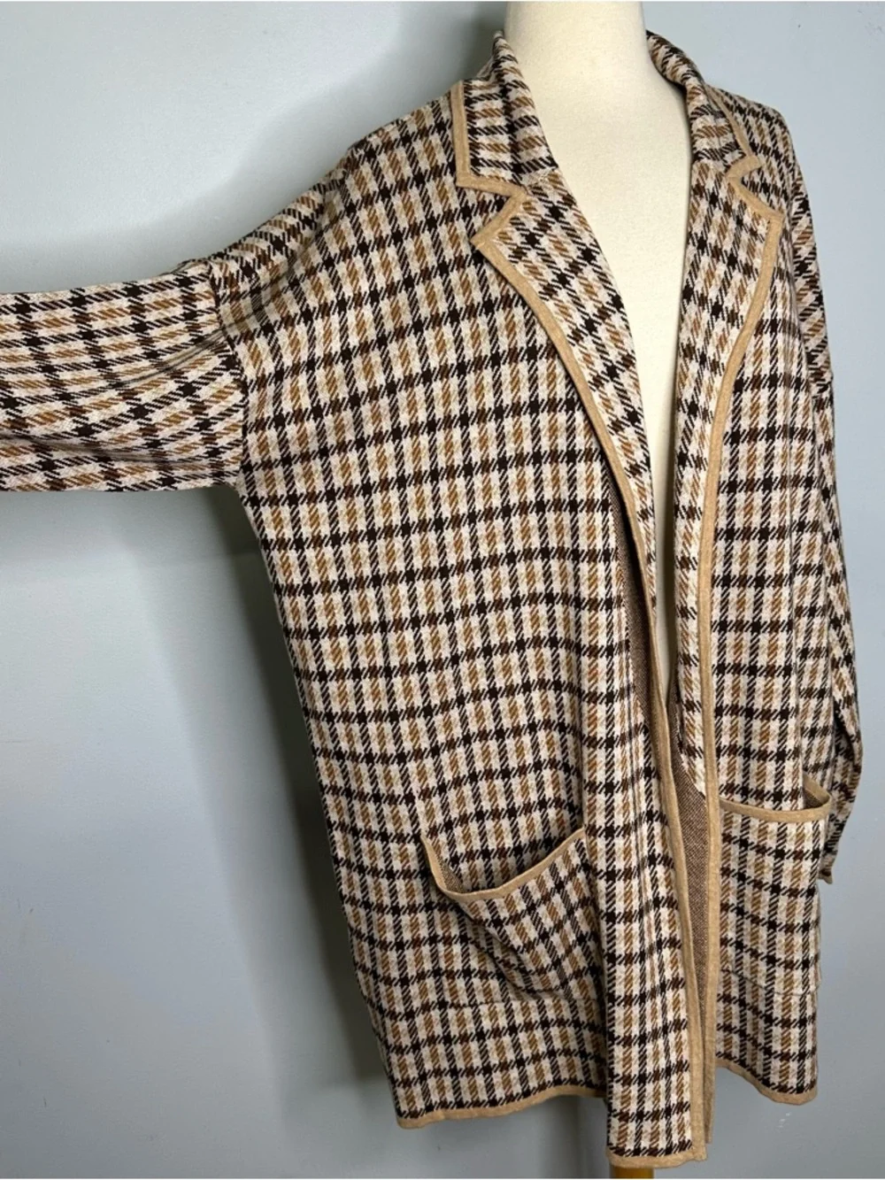 Loft Ann Taylor Brown Plaid 100% Cotton Open Front Lightweight Cardigan Sweater - Picture 5 of 14